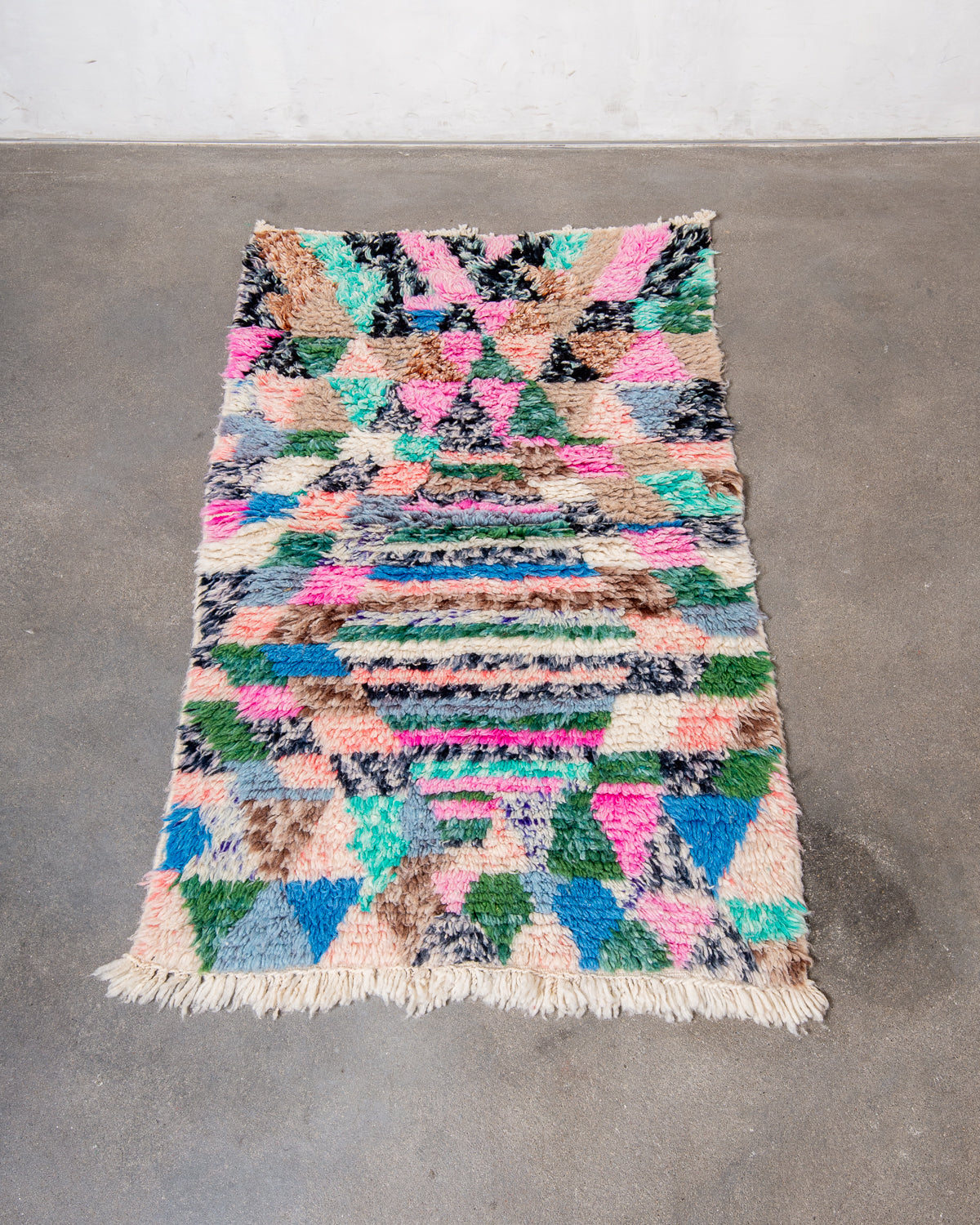 Modern, designer, handcrafted Berber rug from Morocco. Vintage carpet with beautiful colours and patterns and fluffy texture.